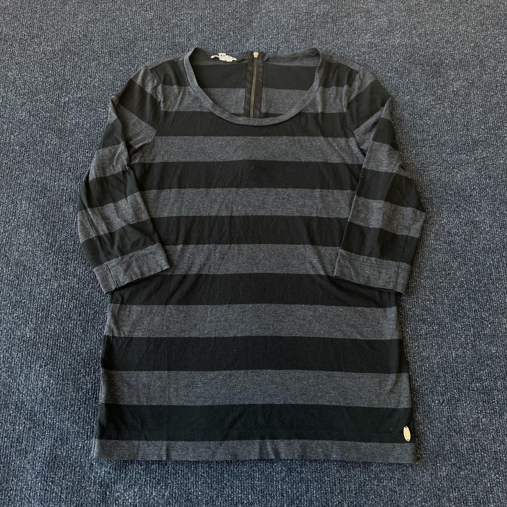 Lacoste Dress Womens Large Black Gray Striped 3/4 Sleeve Back Zip Tunic Crewneck